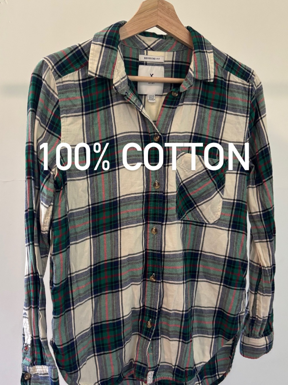 American Eagle Green and Cream Plaid Shirt | 100% Cotton | Size S